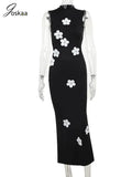 Joskaa Elegant 3D Flower Black Dress Women Sexy One Piece Backless Holiday Maxi Dresses 2024 Summer Streetwear Club Vestidos