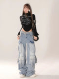 Joskaa American Street Washed Multi Pocket Jeans for Women Y2k High Waist Straight Trousers 2024 All-match New Loose Wide Leg Pants