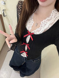 Black Friday Joskaa Sexy Off Shoulder Knitwear Women Black Hollow Out Sweater with Bow White Lace Vest Spring Autumn Korean Fashion Clothes