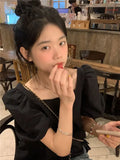 Joskaa Blouses Women Square Collar Sweet Loose French Style Puff Sleeve Chic Ruffles Simple Ulzzang Solid Fashion Temper Student Summer