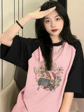 Back To School Joskaa Pink Patchwork Print Women T Shirt Y2k O-neck 100% Cotton Tees Harajuku Graphic Kawaii Tops Korean Aesthetic Clothes New