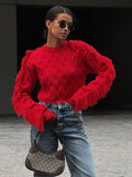 Black Friday Joskaa Splice Tassel Short Knitted Top Female Solid Slim Fit Long Sleeves Fashion Pullover Sweater Women's Autumn Winter Casual