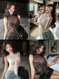 Black Friday Joskaa Y2k Sweater Vest with Bow Half High Collar Jumpers Sexy Slim Sleeveless Knitted Underwear Korean Fashion Autumn Winter