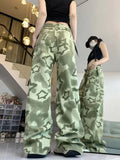 Joskaa American Street Hiphop Camouflage Star Jeans for Women 2024 Summer New Straight Denim Pants Y2k E-Girl Loose Wide Leg