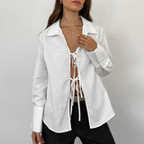 Black Friday Joskaa Hollow Out Lace Up White Cotton Linen Shirt Women's Long Sleeve Loose Casual Sexy Lapel Cardigan Top Female Summer new