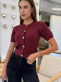 Black Friday Joskaa Angora Red Single Breasted Twist Knitted T-Shirt Short Sweater Top Women‘s Casual Chic Solid Slim Short Sleeve Top Female