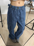 Back To School Joskaa Blue Cargo Jeans Women Hip Hop Vintage Oversize Pockets Stripe Patchwork Wide Leg Denim Pants Y2k Causal Female Trousers