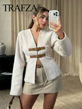 Back To School Joskaa Retro Leather Buckle Woolen Coat Women Fashion Solid V Neck Long Sleeve Beige Jacket Autumn Spring Chic Female Streetwear