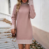 Joskaa Women Fall Trendy Knit Pullover Sweaters Dresses Mini Mock Neck Long Sleeve Trendy Blocked Fall 2025 Business Ribbed Dress