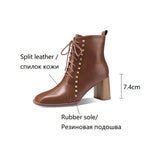 Joskaa NEW Autumn Women Boots Square Toe High Heel Shoes for Women Split Leather Boots Women Zipper Rivet Modern Boots Botas de mujer