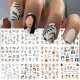 Joskaa 12Pcs/Set Woman Face Design Abstract Nail Art Stickers Flower Letter Leaf Sliders Decals DIY Manicure Decoration Water Stickers