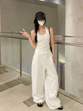 Joskaa Wide Leg White Linen Pants Woman Casual Basic Summer 2024 Oversize Female Straight Trousers Baggy Elastic Waist