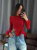 Black Friday Joskaa Ruffled Slim Tops T-Shirt For Women Long Sleeves Solid Color Patchwork Slinky Female Autumn Fashion High Street Pullover