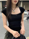 Back To School Joskaa Black Lace T-shirts Women Coquette Square Collar Tees Korean Fashion Spring Summer Bow Knot Top Y2k Aesthetic Clothes