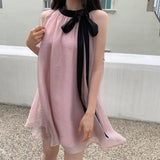 Joskaa Stand Collar Bandage Bow Vestidos Elegantes 2025 Woman Dresses Halter Dress Sleeveless Vestido Mujer Summer Loose Casual Robes