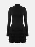 Black Friday Joskaa Ruffled Tierred Long Sleeve Mini Dress Female Fashion Patchwork Black Club Party Dress Turtleneck Folds Clothes Autumn