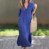 Joskaa Womens Long Dresses For Summer Casual Solid Color V Neck Loose Cotton Casual Work Dresses For Plus Size Women Chic Outfits