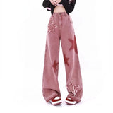 Joskaa American Retro Jeans Five-point Star Raw Edge Splicing Loose Wide-leg  Women Look Thin Trendy All-match Mopping Pants