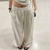 Joskaa Wide Leg White Linen Pants Woman Casual Basic Summer 2024 Oversize Female Straight Trousers Baggy Elastic Waist