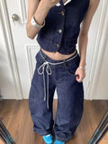 Joskaa American Retro Lace Up Jeans for Women 2024 Autumn New Straight Trousers Y2k Grunge High Waist Loose Denim Wide Leg Pants