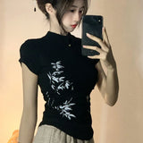 Joskaa Summer Cotton Short Sleeve Black T-shirts New Chinese Style Stand Collar Tee Shirt Y2k E-Girl Slim Fit All-match Tops Women