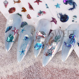 Joskaa 1 Sheet Sea Shell Nails Sticker 3D Conch Starfish Decals Laser Ocean Theme Series Self-Adhesive DIY Nail Art Manicure Decoration