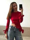 Black Friday Joskaa Ruffled Slim Tops T-Shirt For Women Long Sleeves Solid Color Patchwork Slinky Female Autumn Fashion High Street Pullover