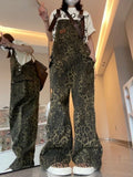 Joskaa Jumpsuits Retro Leopard Denim Camisole Pants for Women Y2k High Waist Loose Wide Leg  2024 New Straight Trousers