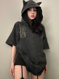 Back To School Joskaa Black Hooded Women T-shirts Hip Hop Streetwear Harajuku Female Graphic Tees Goth Short Sleeve Tops High Street Clothing