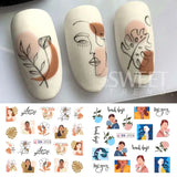 Joskaa 12Pcs/Set Woman Face Design Abstract Nail Art Stickers Flower Letter Leaf Sliders Decals DIY Manicure Decoration Water Stickers