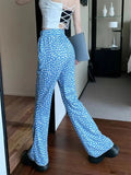 Joskaa Korean Summer Daisy Floral Print Blue Pants Y2k E-Girl High Waist Thin Flare  2024 New Loose Wide Leg  Women