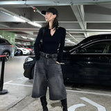 Joskaa Vintage Washed Black Denim Pants Women 2024 Autumn High Waist Loose Wide Leg  Y2k E-Girl Unisex A-line Calf- Length