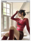 Joskaa Japanese Vintage O-neck Red T-shirts Spring Sexy See Through Mesh Tee Shirt Y2k High Street Slim Fit Long Sleeve Tops Women