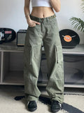 Back To School Joskaa Green Cargo Jeans Woman Harajuku Vintage Oversize Pockets Straight Wide Leg Denim Pants Hip Hop Fashion Female Bottoms