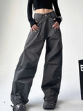 Joskaa Sweet Cool Black Cargo Pants for Women 2024 Summer New High Waist Rivet Trousers Y2k Grunge Straight Loose Wide Leg