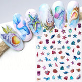 Joskaa 1 Sheet Sea Shell Nails Sticker 3D Conch Starfish Decals Laser Ocean Theme Series Self-Adhesive DIY Nail Art Manicure Decoration