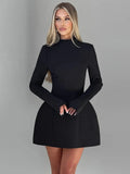 Black Friday Joskaa Elegant Long Sleeve Backless Mini Dress For Women O Neck High Waist A-line Club Party Sexy Bodycon Dress Solid Autumn New