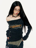 Black Friday Joskaa Y2k Vintage Striped Off Shoulder Sweater Gray Letter Print Pullover Gothic Style Long Sleeve Punk Grunge Alt Clothes 90s