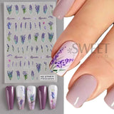 Joskaa 3D Lavender Nail Stickers Decals Spring DIY Lavender Frosted Flower Leaf Blossom Nail Art Tips Transfer DIY Manicure Accessories