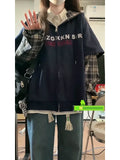 Black Friday Joskaa Navy Blue Letter Print Zip Up Hoodies Women Fake Two Pieces Plaid Long Sleeve Sweatshirt Autumn Korean Fashion Kpop Top