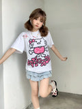 Back To School Joskaa Cutecore Graphic Tee Kawaii Cat Print Short Sleeve T-shirts for Women Japan Style Cotton Funny Tops Oversized Clothes