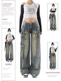 Back To School Joskaa Blue Cargo Jeans Women Y2k Fashion Oversize High Waist Multi-pocket Wide Leg Denim Trouser Harajuku Retro Do Old Bottoms