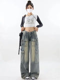 Back To School Joskaa Blue Cargo Jeans Women Y2k Fashion Oversize High Waist Multi-pocket Wide Leg Denim Trouser Harajuku Retro Do Old Bottoms