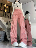 Joskaa American Retro Star Embroidery Pink Jeans for Women Y2k E-Girl High Waist Denim Pants 2024 Summer New Loose Wide Leg