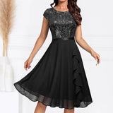 Joskaa Women's Fashion Party Dress Round Neck Lace Short Sleeve Chiffon Mid Length Formal Evening Dress For Women 2025 Wedding Guest