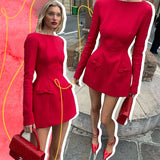 Black Friday Joskaa Bows Splice Long Sleeve Mini Dress Elegant Office Woman Solid Bodycon Club Party Dresses 2024 Autumn High Waist Fashion