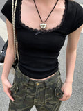 Back To School Joskaa Black Lace T-shirts Women Coquette Square Collar Tees Korean Fashion Spring Summer Bow Knot Top Y2k Aesthetic Clothes