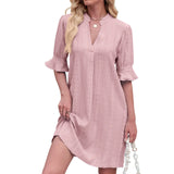 Joskaa Women Fashion Vacation Dress Solid Color Jacquard Five Point Sleeves V Neck Loose Dress For Women 2025 Casual Fall Below Knee