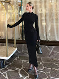 Black Friday Joskaa Half Turtleneck Long Sleeves Maxi Dress Fashion Office Lady Clothing Back Slit Gown Dress Female Solid Streetwear Autumn