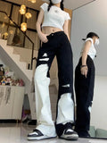 Joskaa Trend Street Black White Denim Pants Women Y2k E-Girl High Waist Irregular Trousers Summer Loose Straight Wide Leg  Jeans